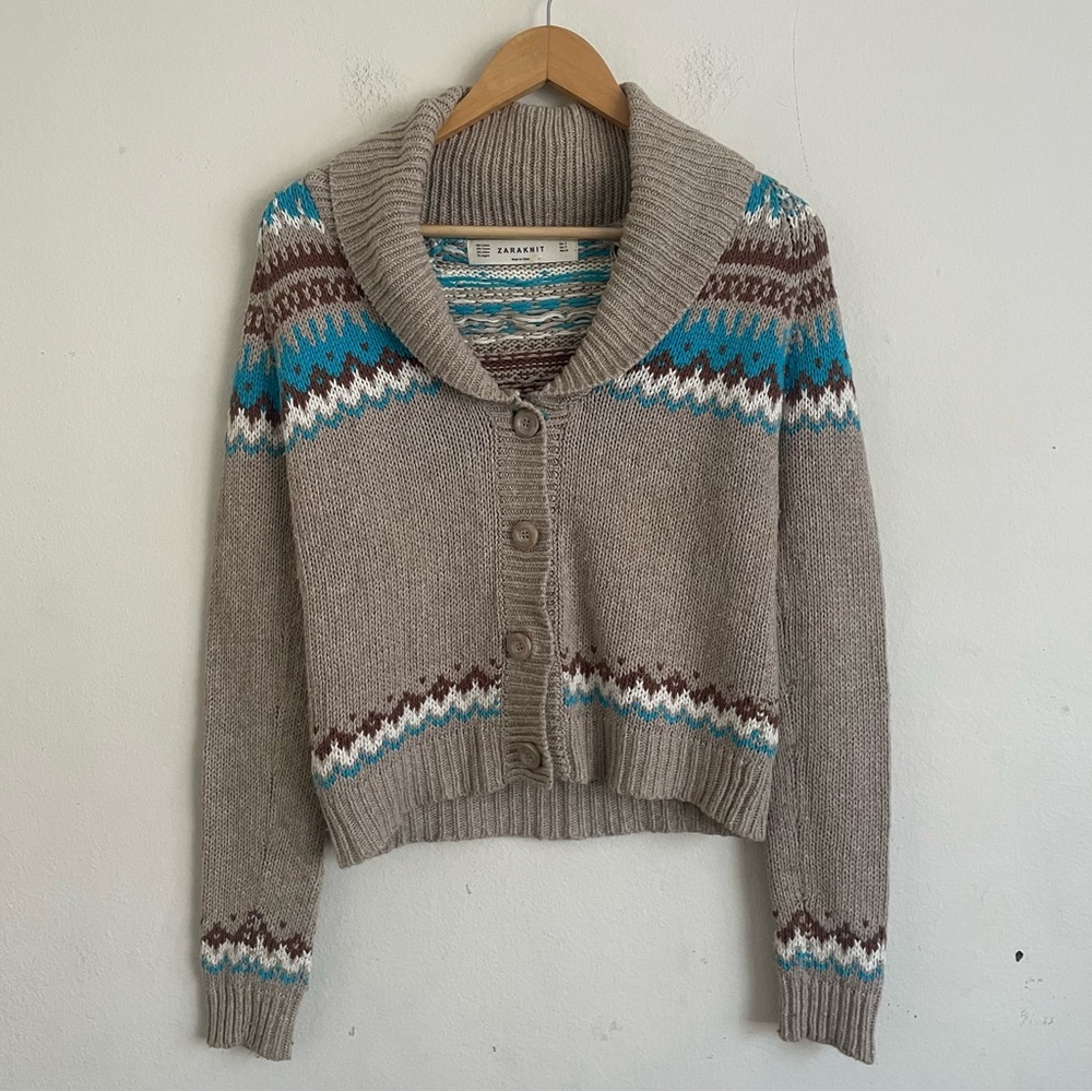 ZARA Knit Navajo Tribal Fair Isle Shawl Collar Button Up Sweater S Cotton Blend